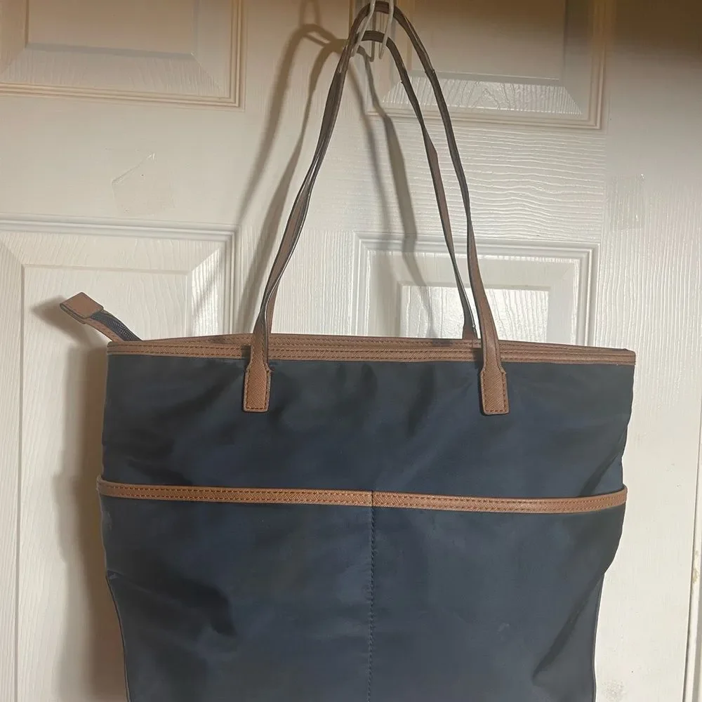 Michael Kors  Nylon Navy Blue Tote with leather Brown Trim and straps ..